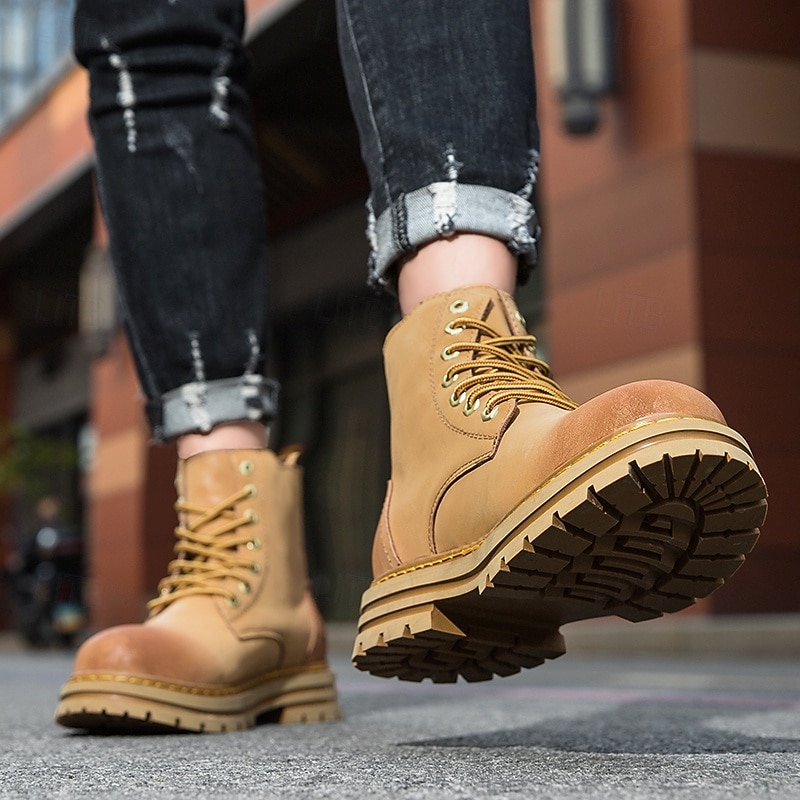 Miesten Bootsit Maiharit Kävely Vintage Päivittäin PU Mukava Säärisaappaat Nauhat Musta Keltainen Syksy Talvi 2026 - $64.99 –P12