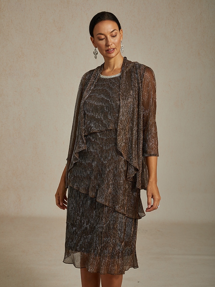 Dame Midikjole Skiftkjole Plissert kjole Grime kjole Elegant Fest Formelt Fest Bryllupsgjest Cocktailfest Normal Helfarge Ermeløs Crew-hals Brun Sommer Vår Høst Vinter 2025 - $141.99 –P2