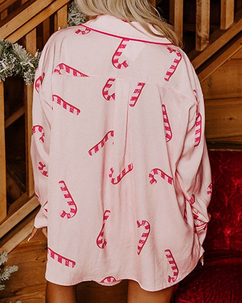Women's Pajamas Loungewear Pajama Set Casual Pure Color Elastic Waist Shorts Christmas Vacation Home Long Sleeve Shirt Collar Pink Green Fall Winter Loose Fit 2026 - $44.99 –P4