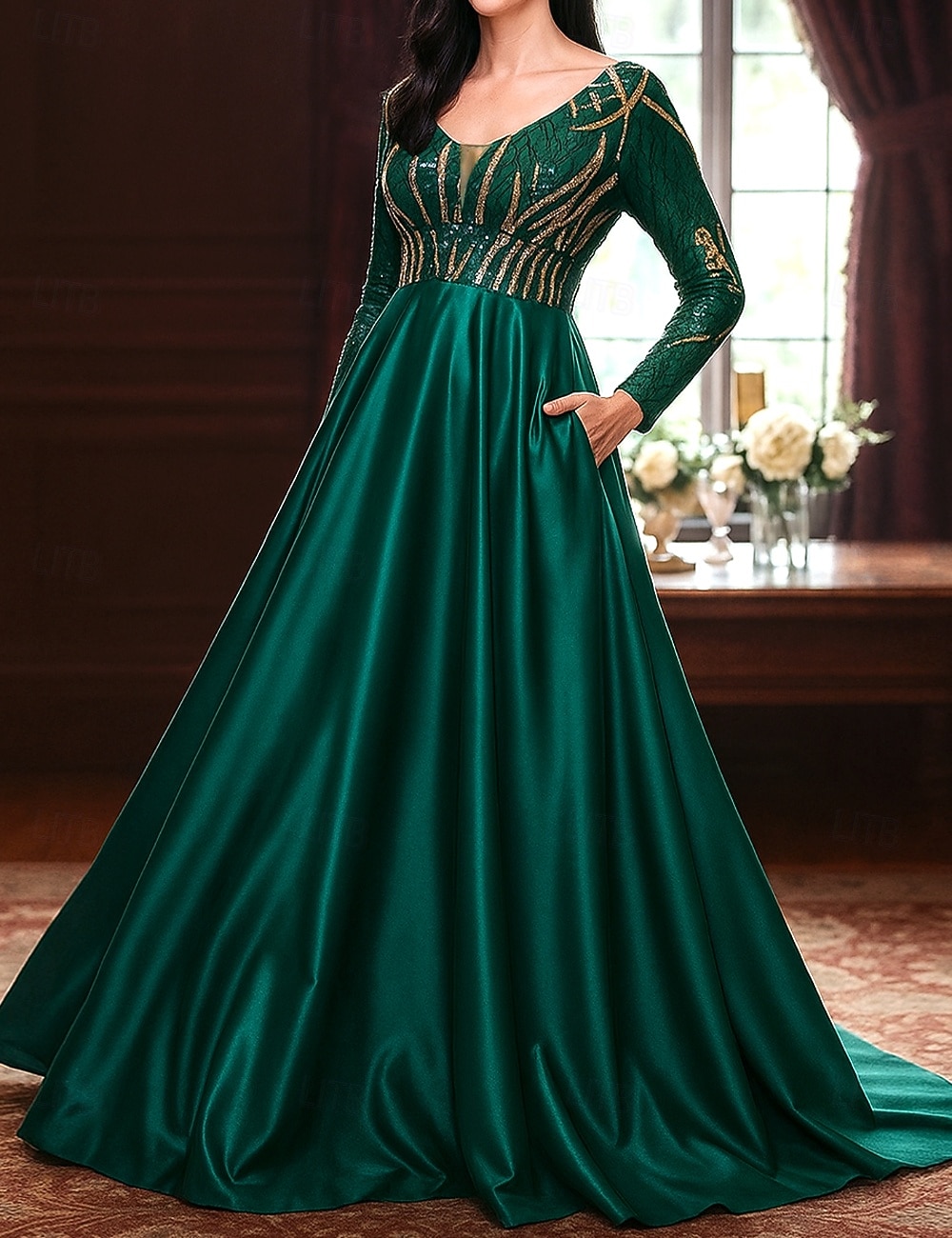 A-Linie Bodenlang Kleid für Hochzeitsgäste Abendkleid Flattriges Kleid Brautmutterkleid Langarm V Ausschnitt Rundausschnitt Elegant Glanz & Glamour Formell Formeller Abend Hochzeitsfeier Tüll mit 2026 - $91.99 –P1