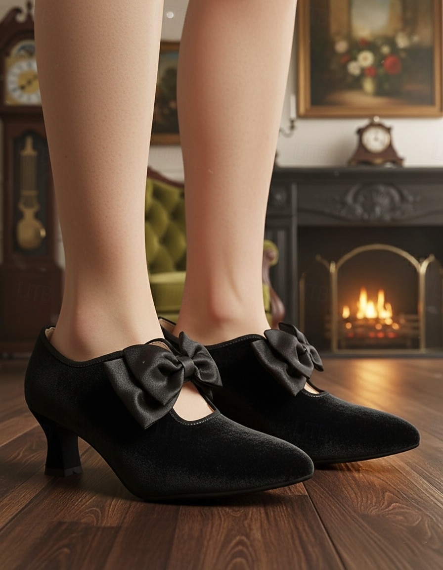 Schwarze Damenschuhe aus Samt mit Kitten Heel und schwarzer Schleife – Pumps im Vintage-Stil im viktorianischen Stil für Damen, perfekt für Hochzeiten und Gatsby-Partys &formelle Abendoutfits 2026 - $54.99 –P4