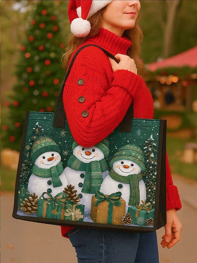 Sac fourre-tout imprimé bonhomme de neige de Noël pour femme, sac à bandoulière en toile grande capacité, sac à main pour cadeaux de vacances d'hiver pour femmes de 2025 ? $19.99 –P3