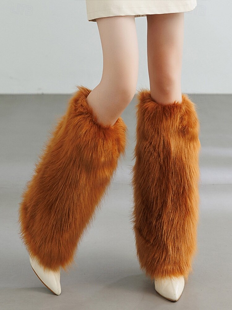 Jambières en fausse fourrure pour femmes, couvre-bottes moelleux jusqu'aux genoux, accessoires de costumes de fête d'hiver élégants, tenues de Noël et de vacances de 2025 ? $14.99 –P2