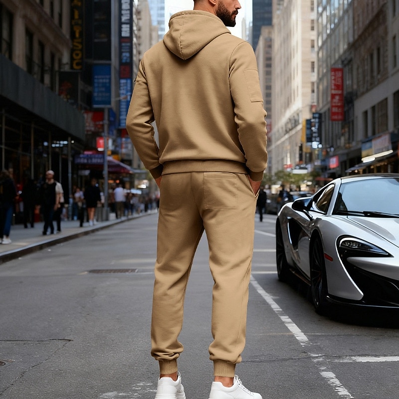 Men's Tracksuit Outfit Set Hoodies Set Hoodie Outdoor Daily Sports Drawstring Zip Up Pocket Plain Black Navy Blue Brown Polyester Activewear Fashion Streetwear Fall 2026 - $56.99 –P20