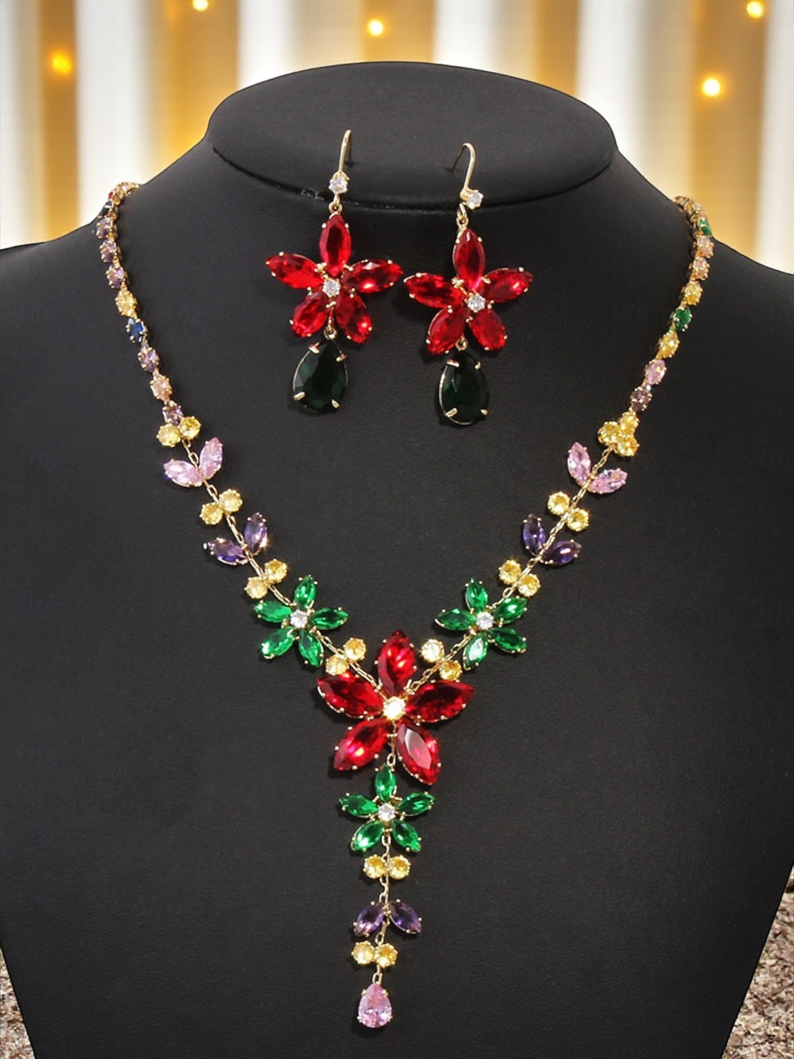 Dámský barevný křišťálový náhrdelník a náušnice, elegantní květinové šperky na vánoční večírek &koktejlové akce 2026 - $19.99 –P2
