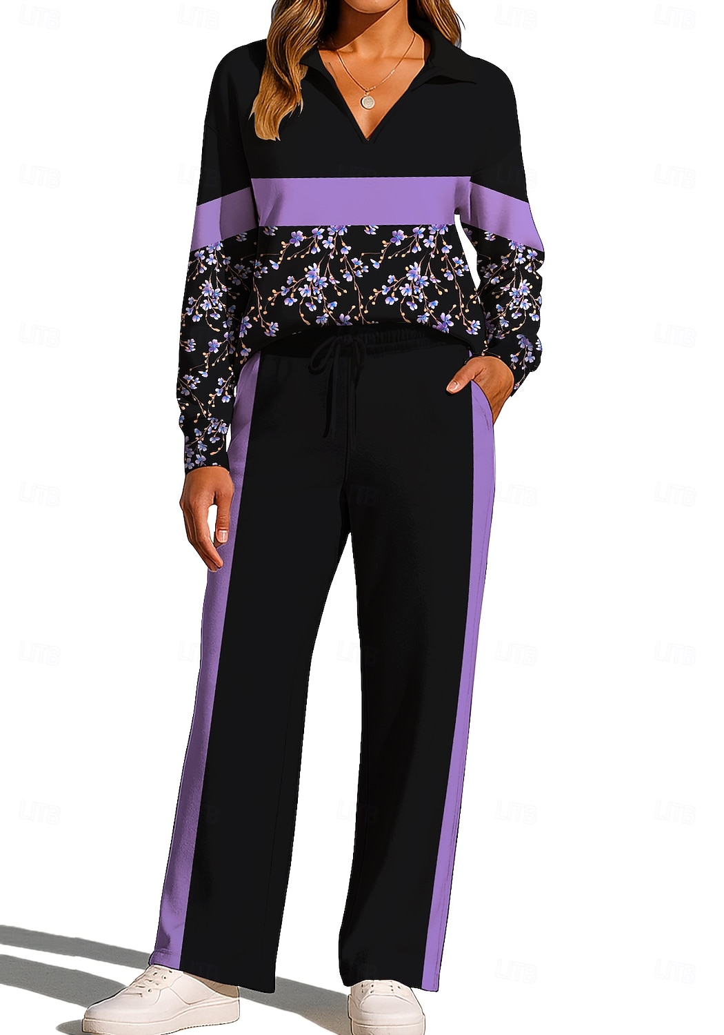 Women's Sweatshirt Tracksuit Sweatpants Drawstring Pocket Floral Jacket and Sweatpants Athletic Clothing Set Loungewear Summer Spring Fall Winter Blue / Black Violet Gym Workout Casual Workout 2026 - $44.99 –P1