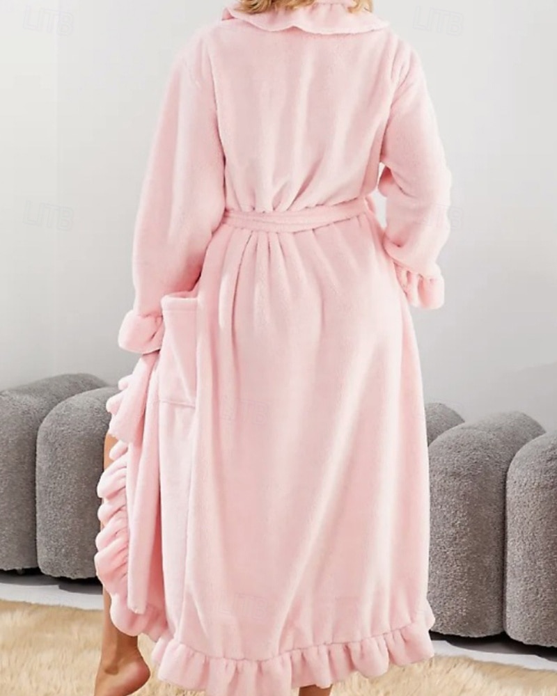 Women's Pajamas Robe Flannel Warm Fashion Pure Color Ruffle Pocket Home Daily Bed Long Sleeve Crew Neck Black White Pink Red Purple Fall Winter Regular Fit 2026 - E£3015.43 –P4