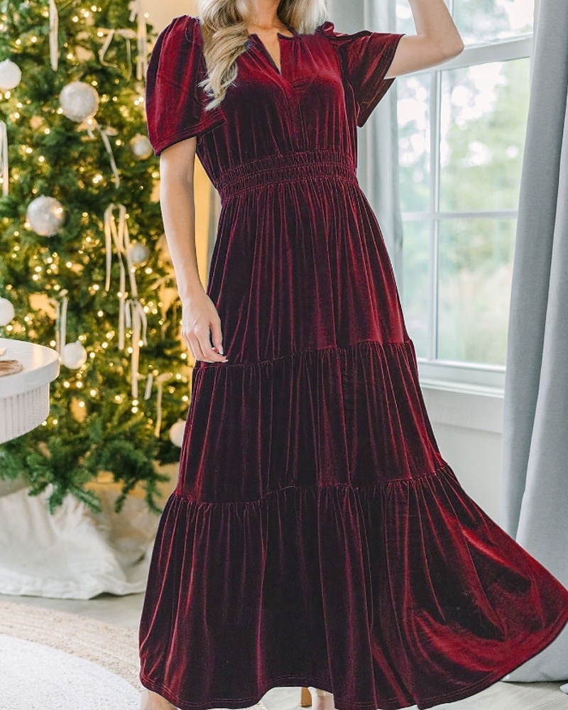 Női Midi ruha Karácsonyi ruha Bársony ruha Party ruha Koktélruha Elegáns Modern Parti Születésnap Estély Normál Sima Rövid ujjú V-alakú Bor Katonai zöld Sötétkék Sötétzöld Tavasz Ősz 2025 - $41.99 –P9