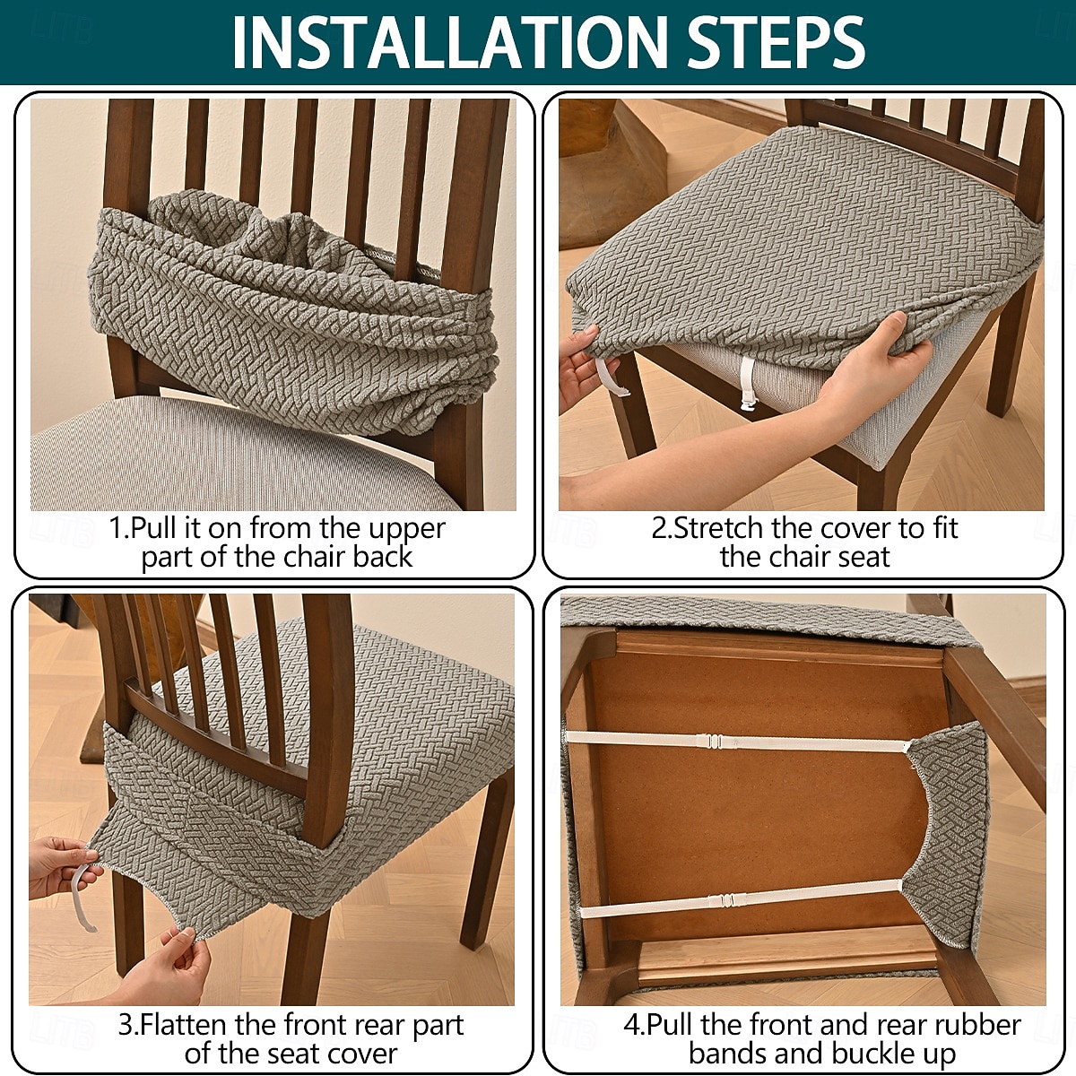 Potahy na sedadla do jídelny s elastickým žakárovým pruhem a kostkovaným vzorem, dvojitý elastický potah na stoličku s přezkou a jazykem, protiskluzový potah na polštář na židli, sada pro domácí, 2026 - $8.99 –P4