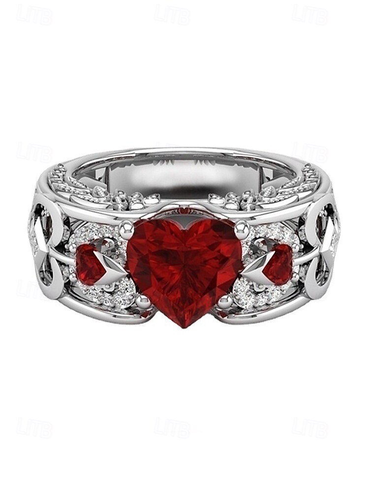 Rode hartvormige edelsteenring voor dames met verzilverde band – elegante sieraden als kerstcadeau en voor feestdagen 2026 - zł21.99 –P7