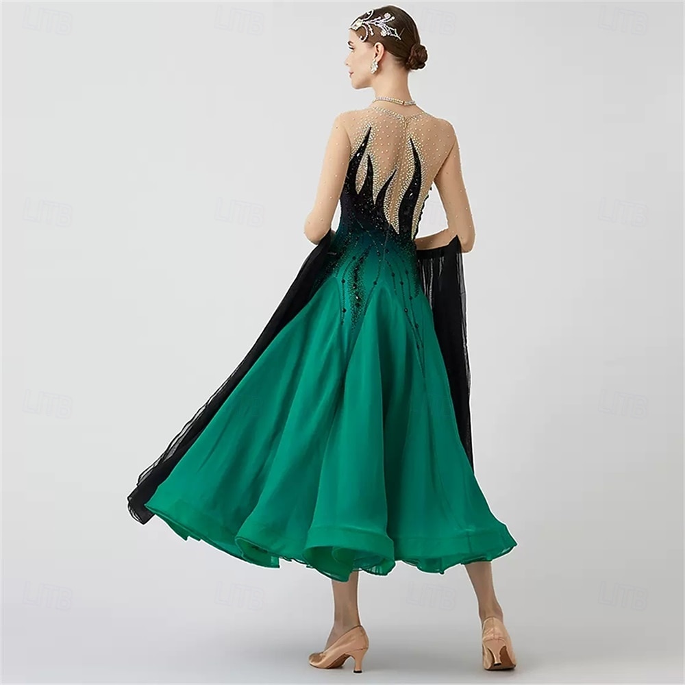 Damen-Ballsaal-Tanzkleid mit Federschultern, Strass-Farbverlauf, Walzer-Tango-Wettbewerbskleid mit fließenden Chiffonärmeln – Grün-Schwarz 2026 - $553.49 –P2