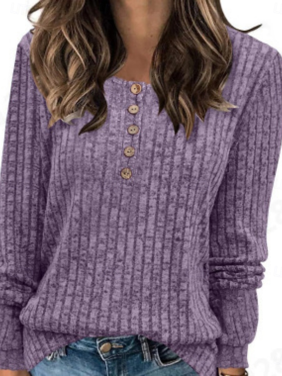 Dam Blus Ensfärgat Stylish Ledigt Långärmad Rund hals Vanliga toppar Dagligen Knappar Svart Gul Ljusgrön Rubinrött Blå Vår Höst Vinter 2025 - $9.99 –P3