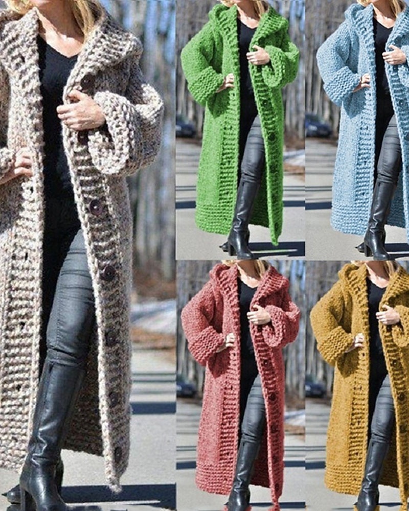 Mujer Pulóveres Cárdigan Elegante Moda Ropa de calle Color sólido Con Capucha Retazos Botones De Punto Manga Larga Tops largos Tejer Exterior Diario Noche Negro Amarillo Otoño Invierno 2025 - $53.99 –P1