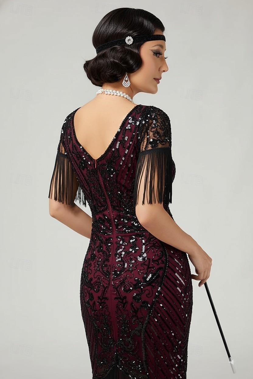 Années Folles Années 1920 Mi-long Robe Charleston Manches courtes Gatsby le Magnifique Paillettes Frange Col en V Déguisement Femmes Noël Carnaval bar clandestin Mascarade Soirée à thème rétro Adulte de 2026 ? $44.99 –P4