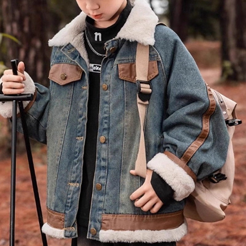 Barn Pojkar Svart skinnjacka Fleece-jacka Jakke Ytterkläder Slät Långärmad Håller värmen Vindtät Täcka Dagligen Mode Ledigt Blå Höst Vinter 4-12 år 2025 - $55.99 –P2