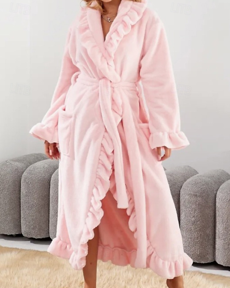 Women's Pajamas Robe Flannel Warm Fashion Pure Color Ruffle Pocket Home Daily Bed Long Sleeve Crew Neck Black White Pink Red Purple Fall Winter Regular Fit 2026 - E£3015.43 –P3