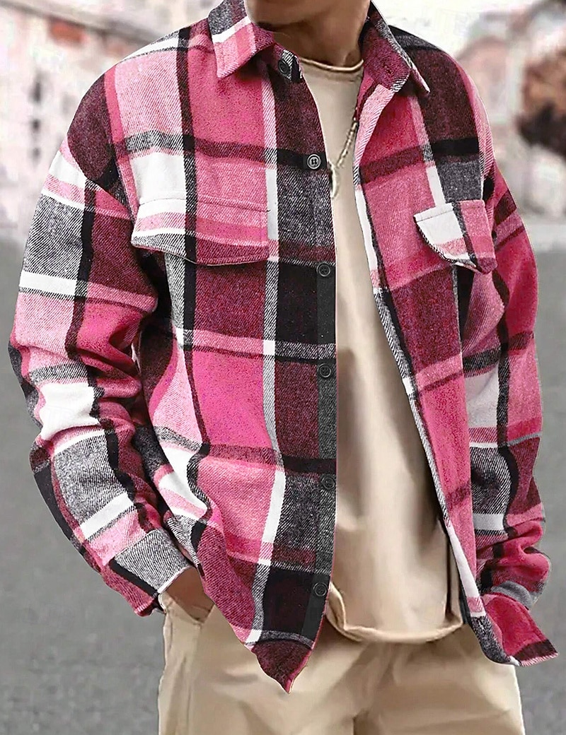 Férfi Ing Flannel ing Gombos póló Overshirt Sárga Arcpír rózsaszín Narancssárga Világos szürke Sötétszürke Hosszú ujj Kockás Térfogatcsökkenés Hétköznapi Napi Ruházat Meleg Divat 2026 - $26.99 –P9