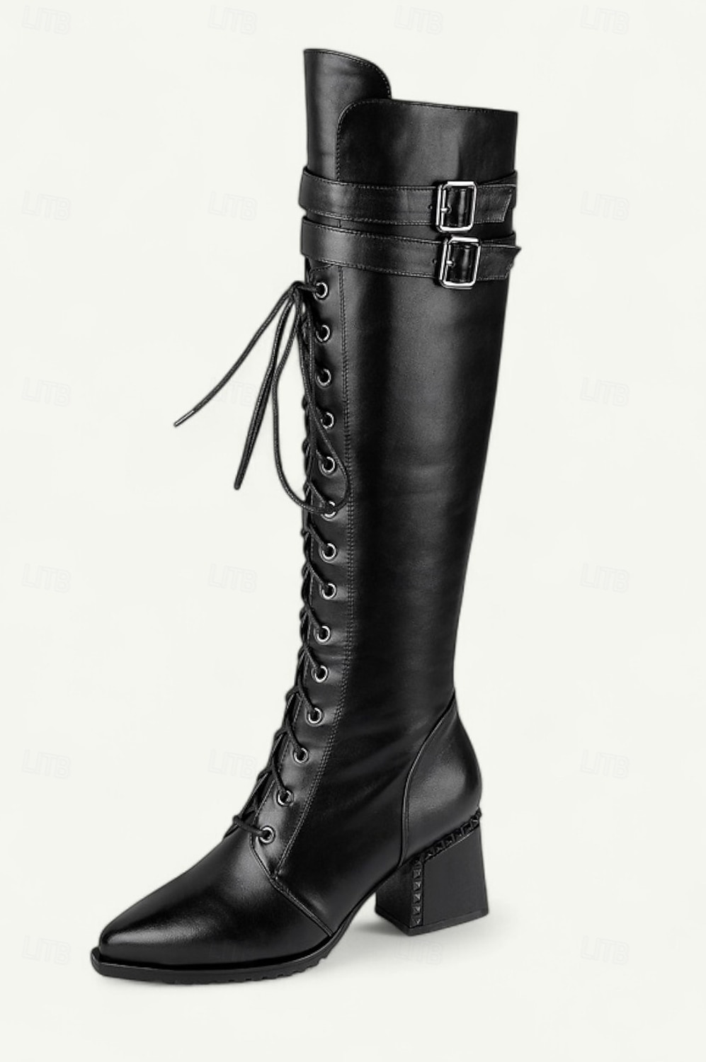 2026年 女性用本革ニーハイブーツ、高級牛革素材、レースアップとバックルのディテール、ブロックヒール、女性用都会的なカジュアルファッションフットウェア  コレクション – $139.99 –P3