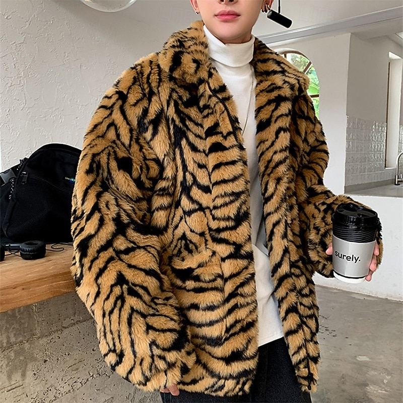 Voor heren Winterjack Jas van imitatiebont Vakantie Dagelijks Thermisch Warm Fleece Herfst Winter Luipaard Modieus Streetwear Opstaand Normaal Wit Geel Jacks 2026 - $80.99 –P3
