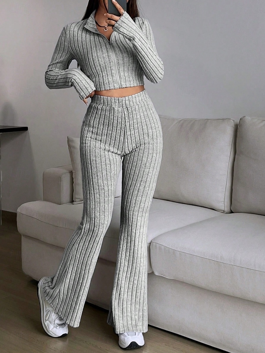 Women's Pants Sets Bolero Top Long Sleeve Shirt Collar Solid Color Zipper Fashion Streetwear Casual Daily Outdoor Black Wine Camel Spring Slim 2026 - $32.99 –P2