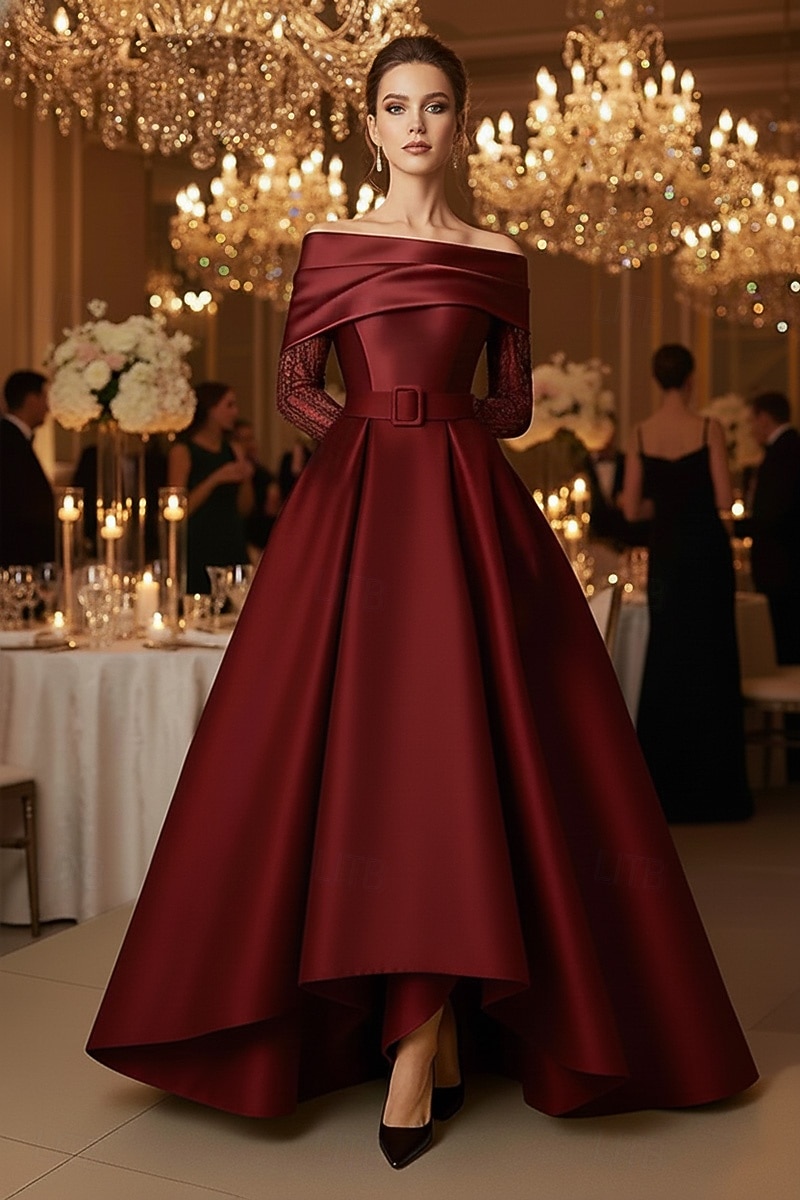 Corte A Hasta el Suelo Vestidos de noche Corte Cenicienta Vestimenta formal Elegante Sedoso Manga Larga Hombros Caídos Boda Formal Bolsillo Satén Satén elástico con Plisado Cuentas 2026 - $206.99 –P1