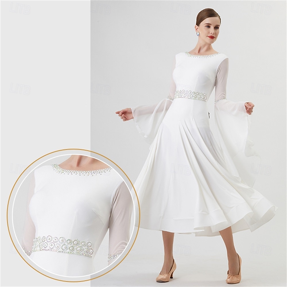 Robe de danse de salon pour femme, manches longues, taille strass, élégante, pour valse, tango, foxtrot, compétition – blanche de 2025 ? $236.09 –P8