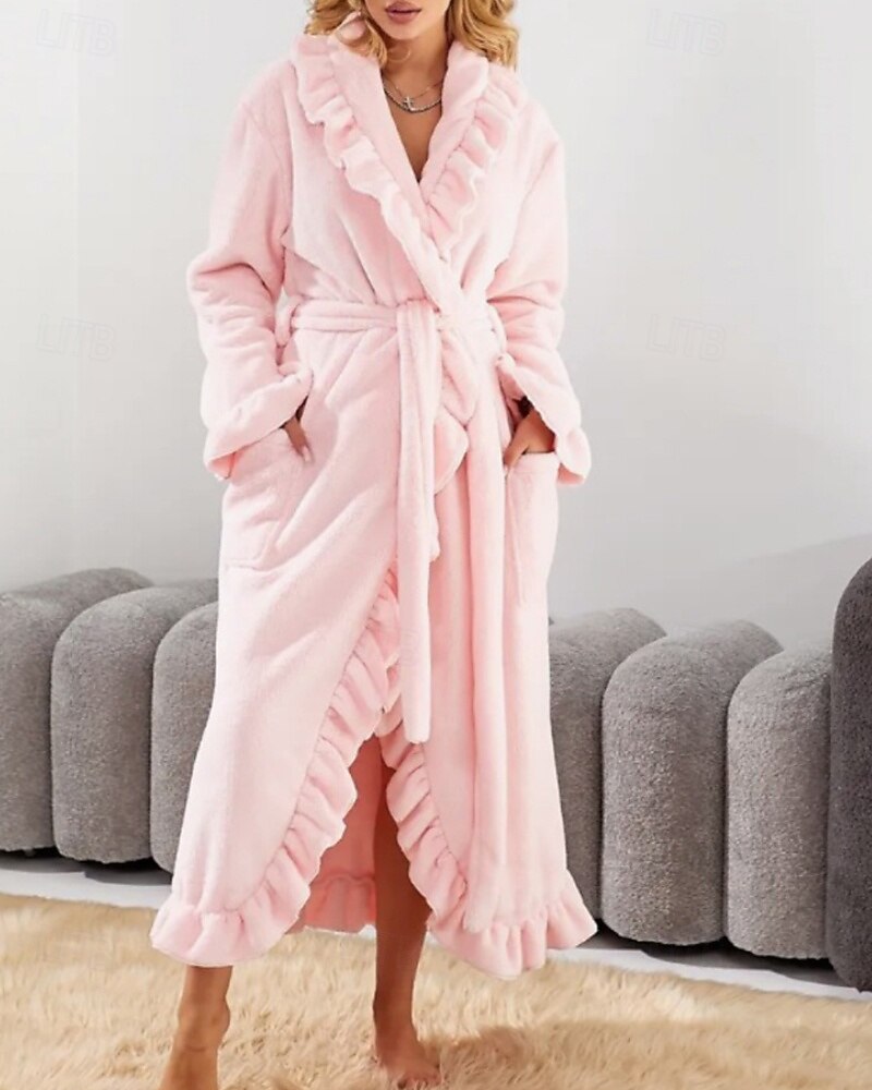 Women's Pajamas Robe Flannel Warm Fashion Pure Color Ruffle Pocket Home Daily Bed Long Sleeve Crew Neck Black White Pink Red Purple Fall Winter Regular Fit 2026 - E£3015.43 –P2