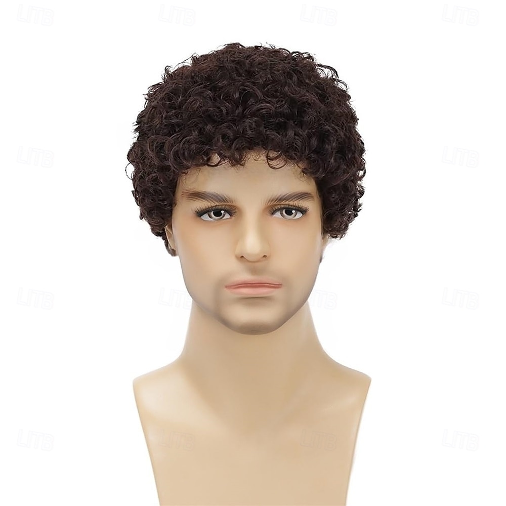 Afrokiharat tummanruskeat miesten lyhyet synteettiset halloween-cosplay-asuperuukit korvaavat hiusperuukit 2026 - $21.99 –P3