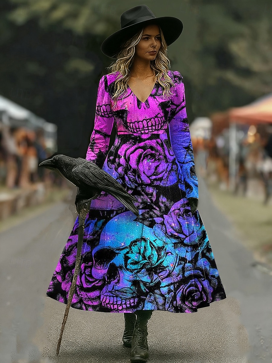 Sukienka midi z nadrukiem czaszek sukienka w kształcie litery A wakacje casual codzienna standardowa grafika czaszki długi rękaw dekolt w serek niebieski pomarańczowy szary jesień zima 2026 - $36.99 –P8