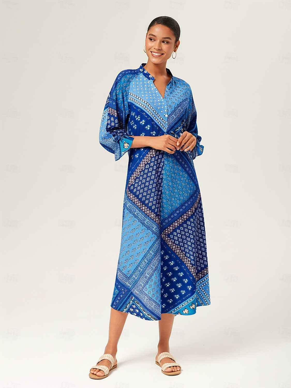 Damen Maxikleid geometrisch floral Patchwork Print Stehkragen 3/4 Ärmel Frühling Herbst 2026 - $91.99 –P2