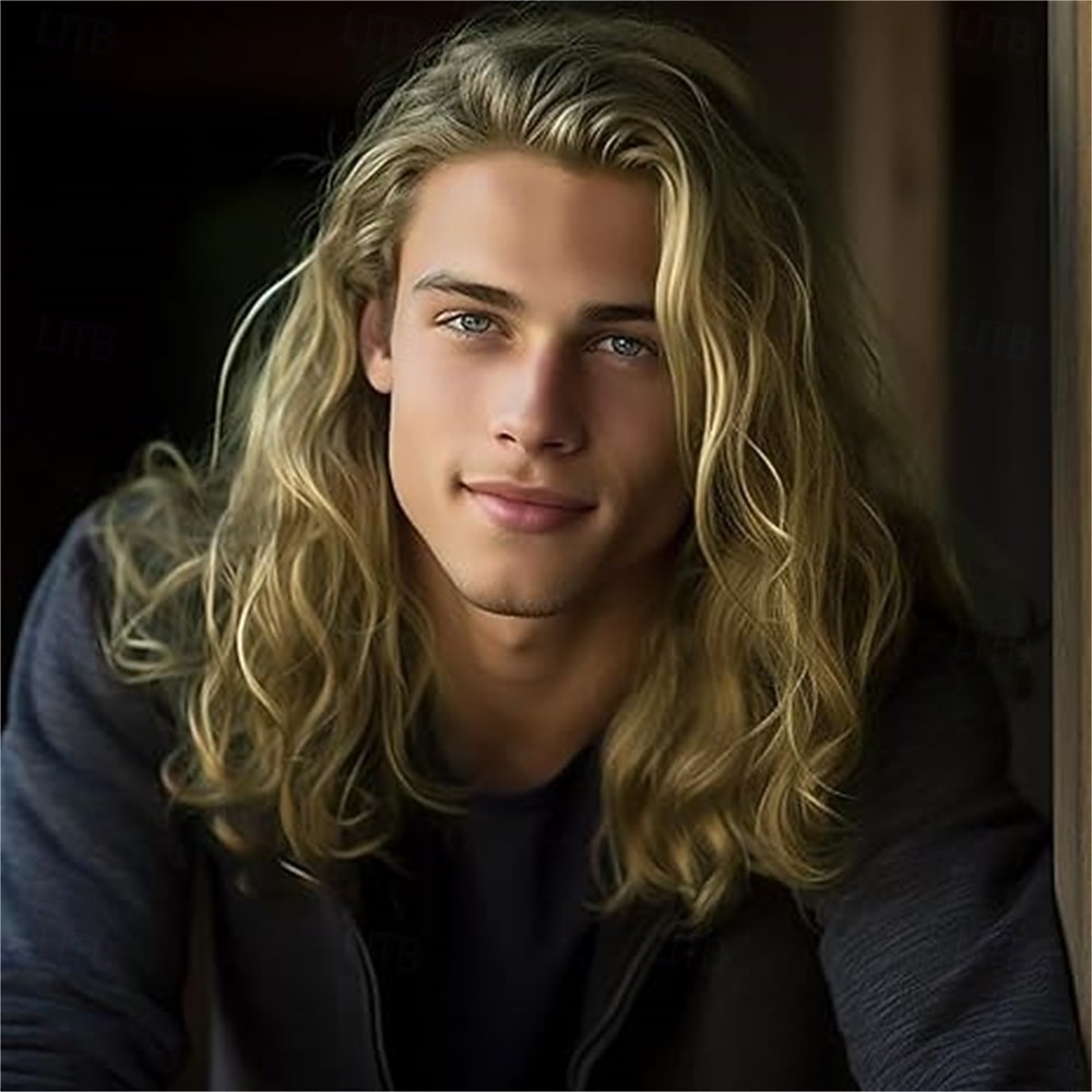 hosszú, hullámos, barna parókák férfiaknak szintetikus, hőálló cosplay halloweeni jelmez paróka világosbarna 2026 - $23.99 –P6