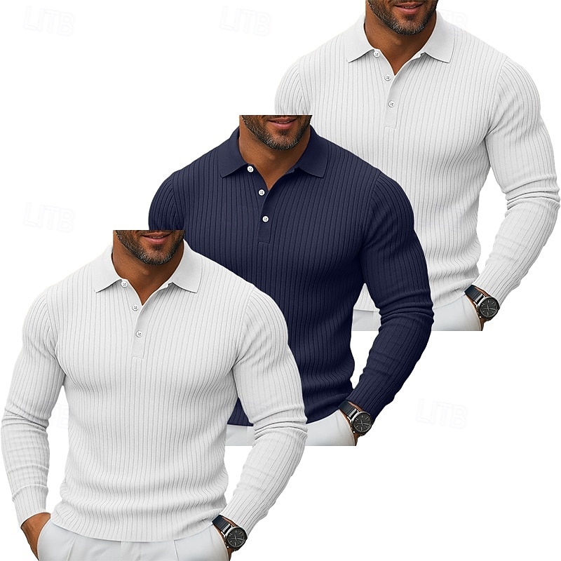 3 db-os férfi bordás kötésű felső golf pólóing többes csomag utcai lezser hajtókás hosszú ujjú alapvető modern egyszínű gombos tavasz ősz minden évszak karcsúsított bordás kötésű felső 2025 - $59.99 –P15