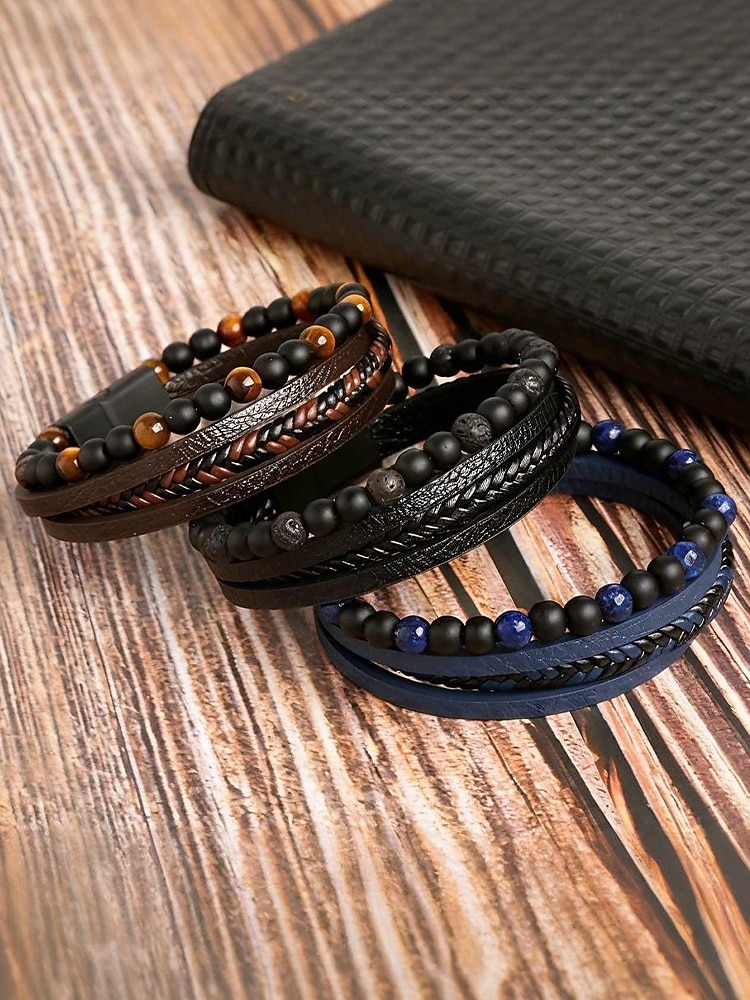 Men's Alloy Faux Leather Beaded Bracelet Set, Multi-Layer Braided Wristband with Magnetic Clasp, Fashion Punk Jewelry for Casual, Party & Gift 2025 - $11.99 –P4