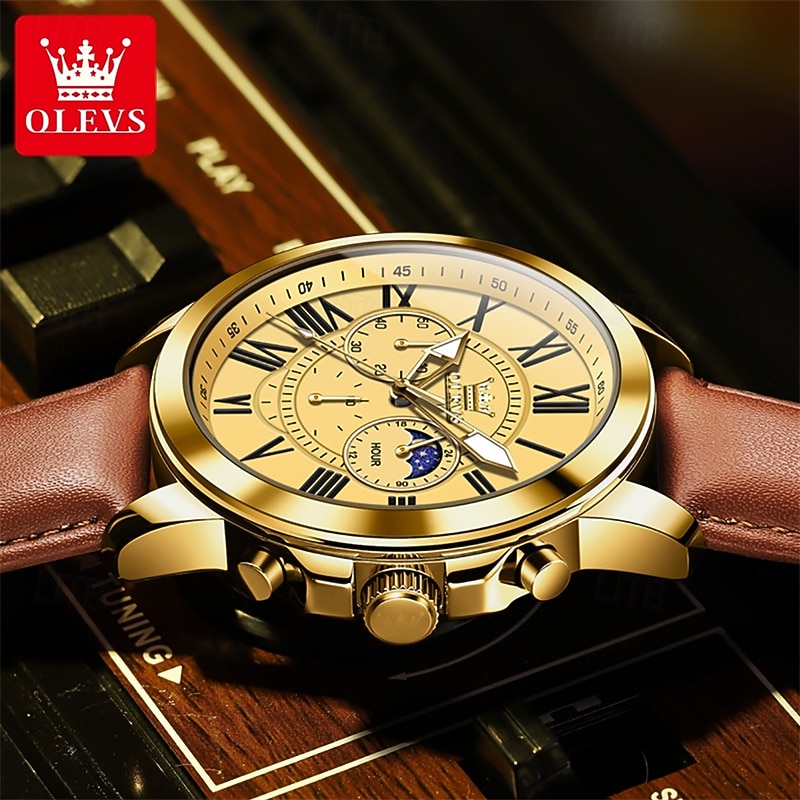 The New Olevs Brand Men'S Business Watch With Luminous Small Three Hands Moon Phase Display Multi-Functional Chronograph Three-Eye Casual Waterproof And Fashionable Quartz Watch Men'S Sports Wrist 2025 - $28.99 –P8