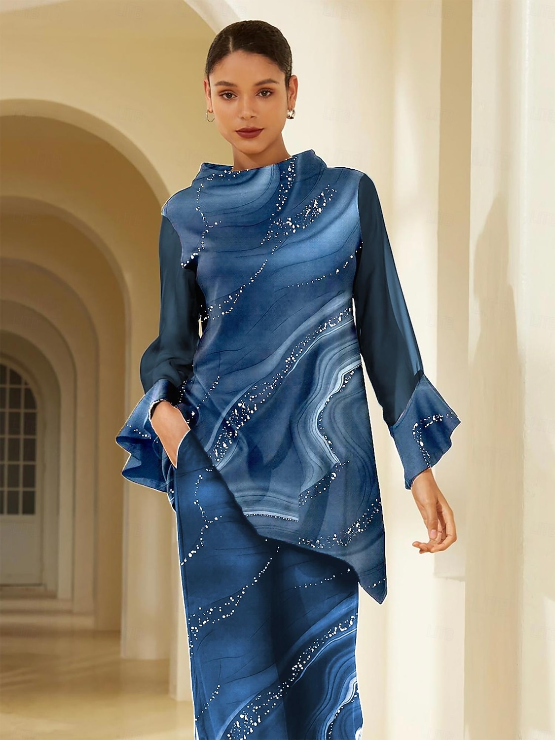 Blusa feminina azul estampa floral chiffon elástico mangas decote barco casual confortável primavera verão outono férias de 2026 por $67.99 –P2