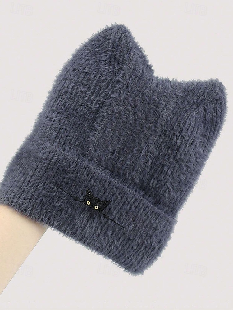 Женская пушистая вязаная шапка с кошачьими ушками, милая зимняя теплая шапка с вышивкой черного кота, стильный рождественский подарок для девочек и женщин 2026 - $14.99 –P4