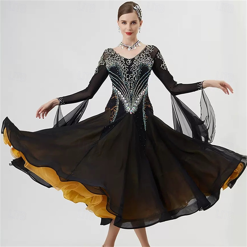 Women's Ballroom Dance Dress Rhinestone Mesh Long Sleeve Waltz Tango Competition Performance Gown with Layered Gold Hem – Black Gold 2025 - $590.89 –P2