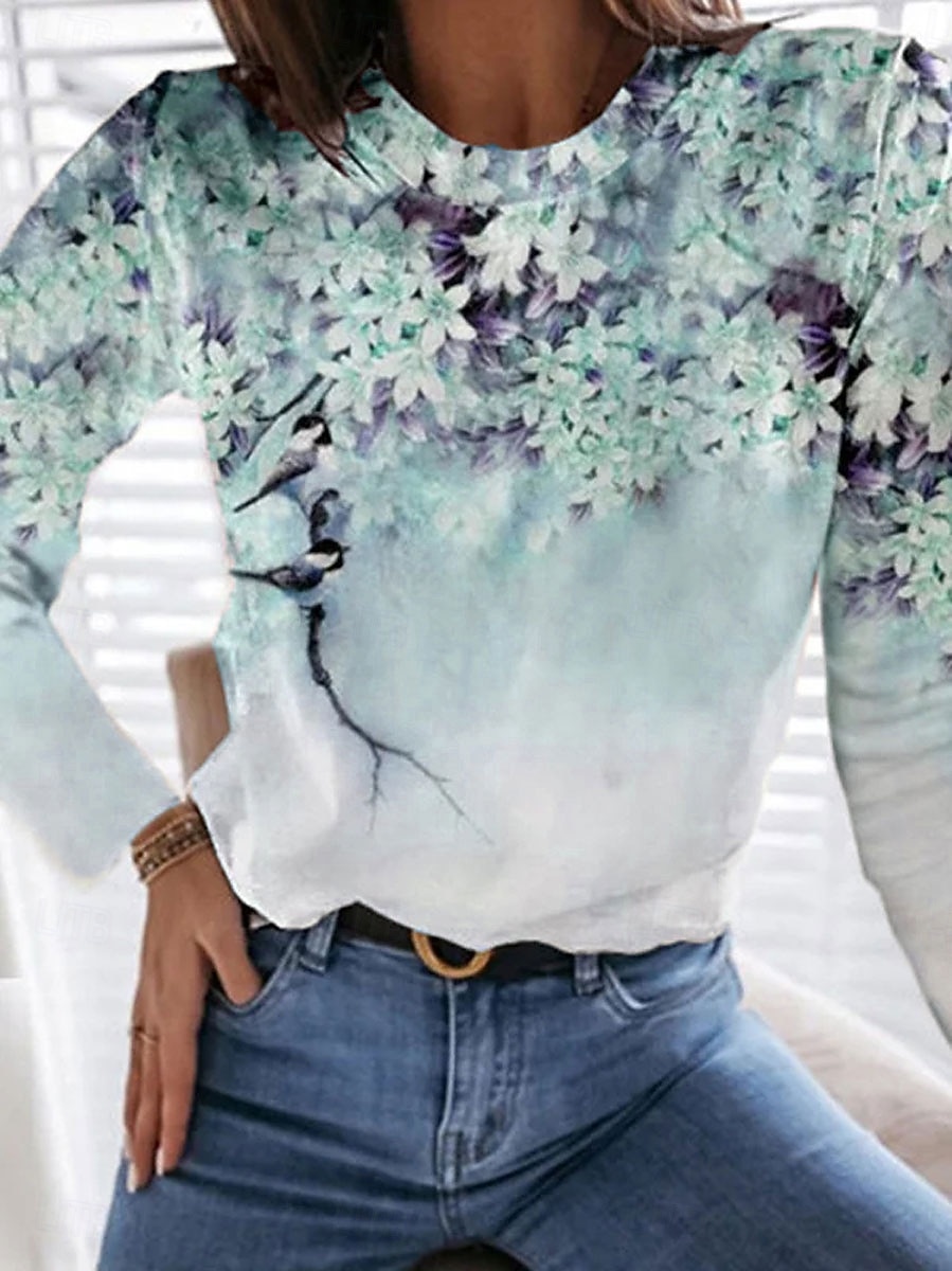 Women's T Shirt Print Floral Graphic Plants Vintage Fashion Stylish Long Sleeve Crew Neck Round Neck Regular Tops Daily Weekend Blue Pink Purple Green Summer Spring Fall 2026 - $24.99 –P2