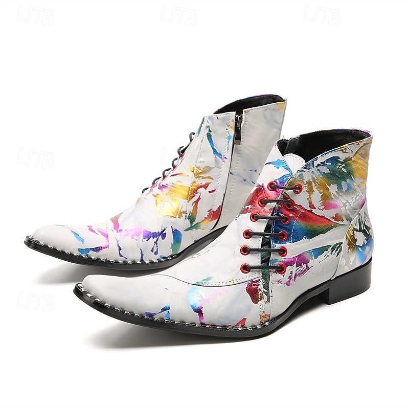 Botines de piel con efecto salpicado de pintura blanca para hombre, con cordones en la parte delantera y punta puntiaguda, botas artísticas de piel de vaca de moda para escenarios, clubes y fiestas. 2026 - $149.99 –P5