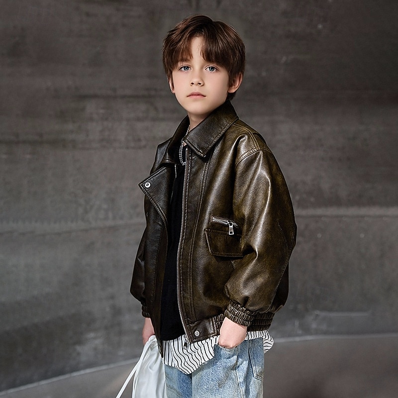 Kid's Boys' Black Leather Jacket Jacket Outerwear Plain Long Sleeve Zip Up Waterproof Windproof Coat Daily Fashion Casual Black Green Spring Fall 4-12 Years 2026 - $46.99 –P2