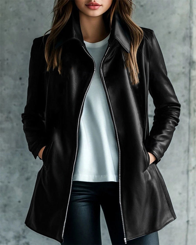 Damen Kunstlederjacke Hemdjacke Jacke Winddicht Warm Reißverschluss Tasche Knöpfe Elegant Mode Klassisch Modern Einfarbig Urlaub Arbeit Straße Lässig Einreihig Lang Revers Lässiger Schnitt Langarm 2025 - $57.99 –P1