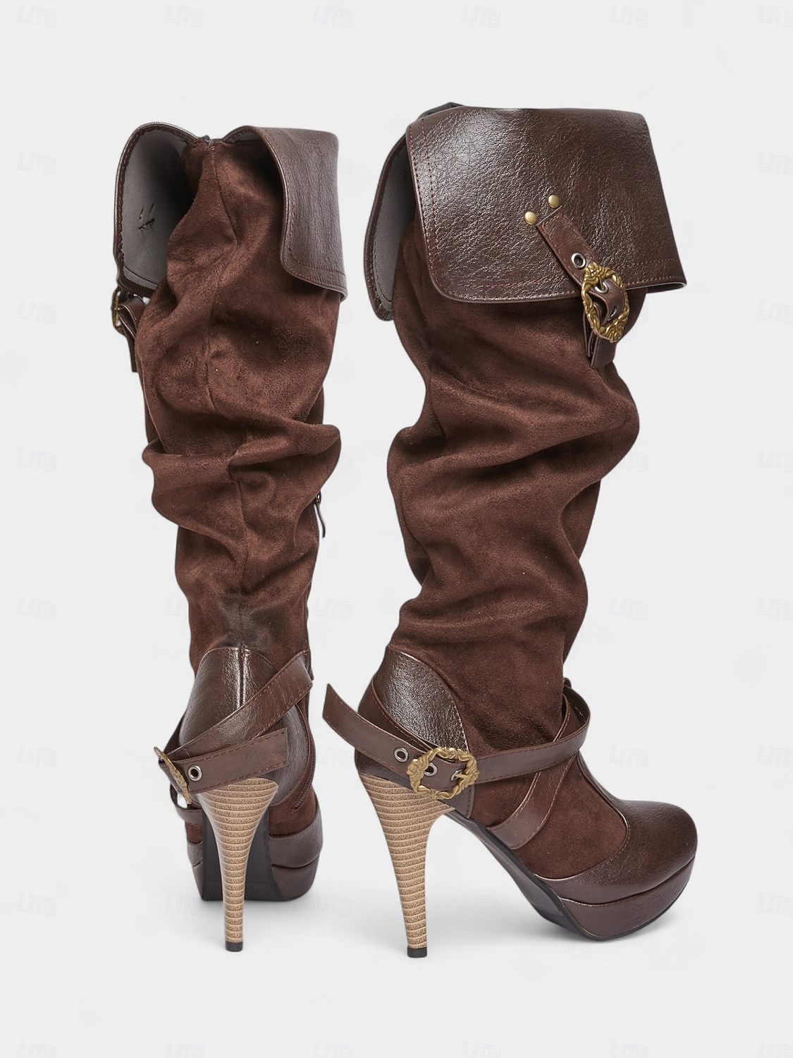 Botas medievales marrones por encima de la rodilla para mujer con tacones de aguja altos y diseño de correa con hebilla, botas de moda de estilo renacentista vintage para fiestas de disfraces, cosplay 2026 - $64.99 –P5