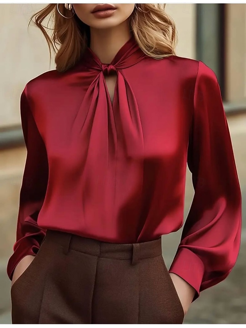 Damen Elegant Satin-Top Bluse Seiden-Oberteile Gerafft Einfach Elegant Stilvoll Langarm Wasserfallausschnitt Normale Oberteile Täglich Blau Salbeigrün Rote Grün Herbst 2026 - $31.99 –P3