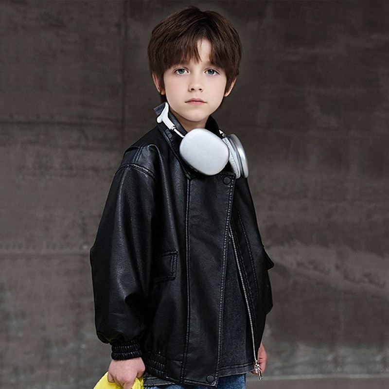 Kid's Boys' Black Leather Jacket Jacket Outerwear Plain Long Sleeve Zip Up Waterproof Windproof Coat Daily Fashion Casual Black Green Spring Fall 4-12 Years 2026 - $46.99 –P4