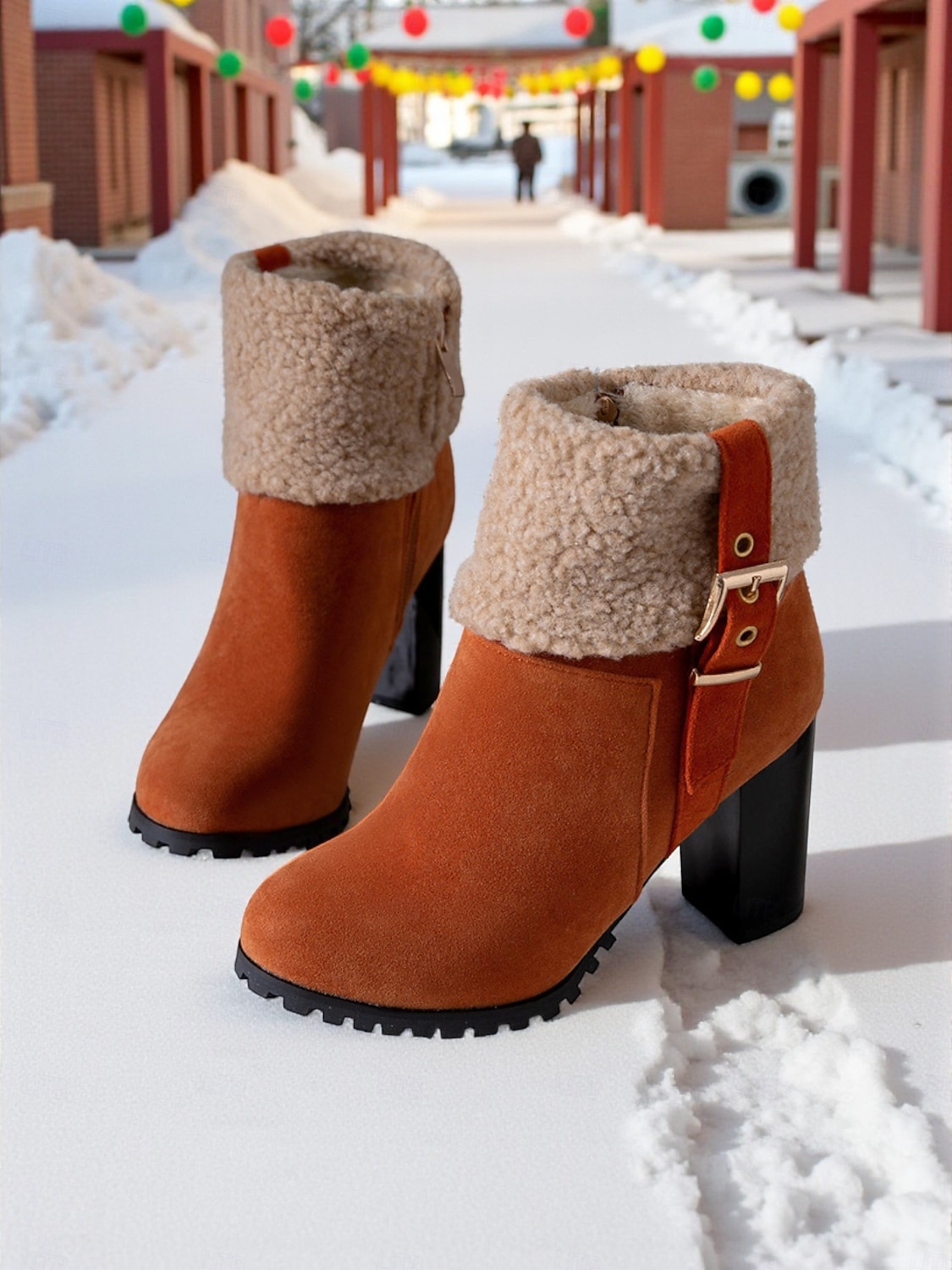 حذاء نسائي بكعب من الجلد المدبوغ باللون الأخضر مع أطراف من الفرو الصناعي، كعب سميك عصري، مثالي لقضاء العطلات الشتوية وحفلات الكريسماس والمناسبات الاحتفالية 2026 - $54.99 –P2