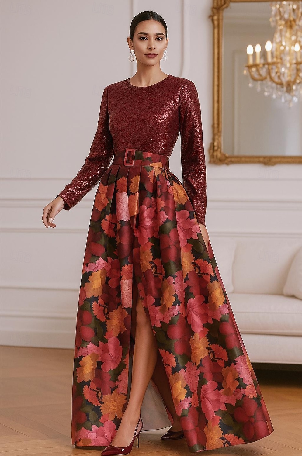 Linha A Longo Vestidos de noite Vestido de Baile Elegante Manga Longa Gola Redonda Casamento Formal Bolsos Fibra Sintética Paetês com Estampa floral Lantejoulas Fenda de 2026 por $183.99 –P1