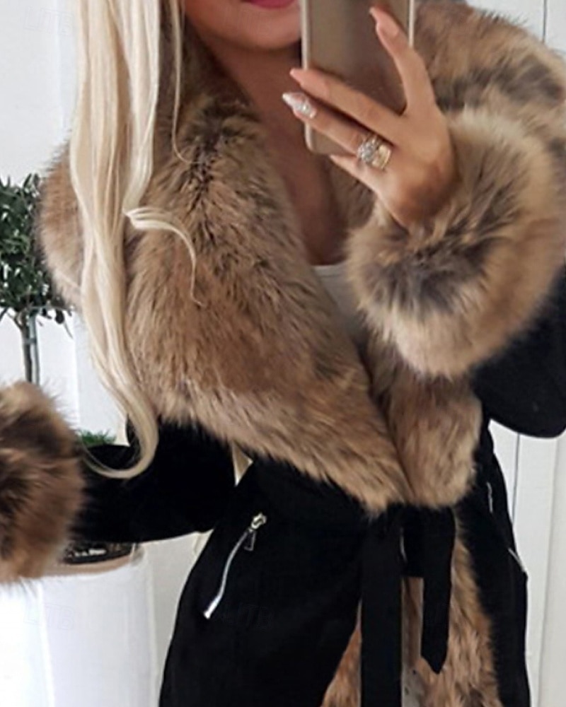 Femmes Manteau d'Hiver Manteau Manteau en Fausse Fourrure Chaud Confortable Patchwork Occasionnel Uni Extérieur Vacances Sortir Week-end Long Col Rabattu Mince manche longue Vêtements d'extérieur de 2025 ? $51.99 –P3