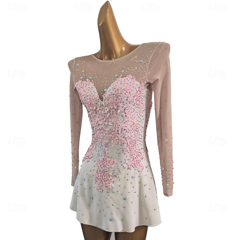 Figure Skating Dress Women's Girls' Ice Skating Dress White Patchwork Asymmetric Hem Mesh High Elasticity Training Competition Skating Wear Classic Crystal / Rhinestone Long Sleeve Ice Skating Figure 2026 - $266.19 –P2