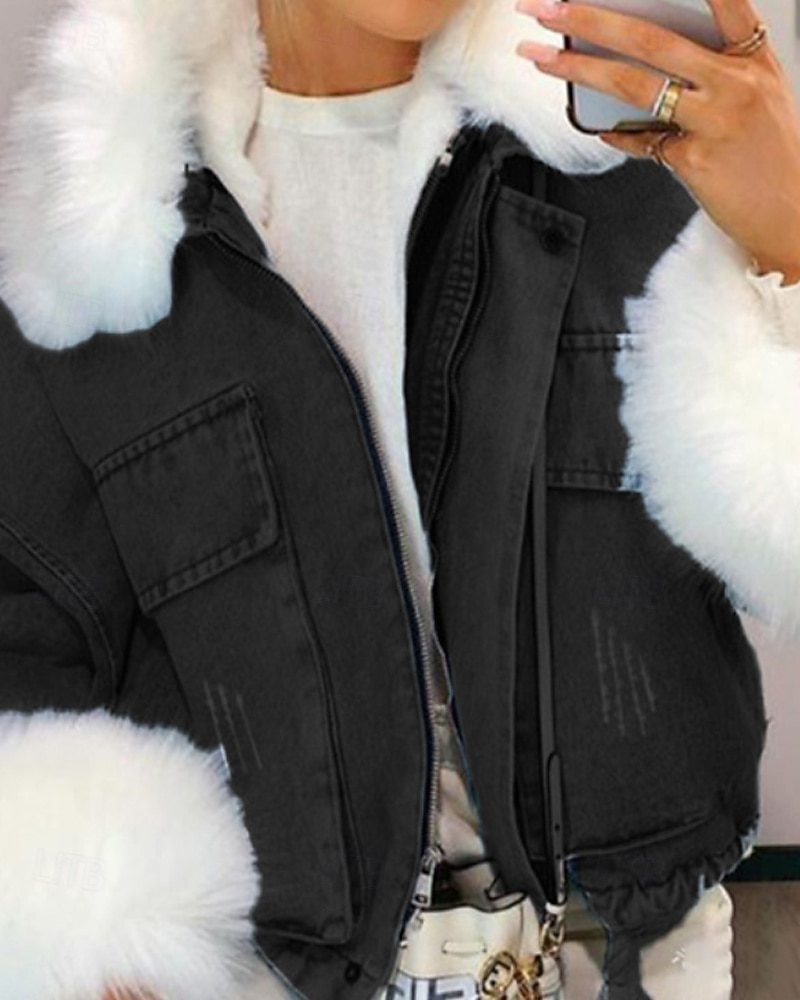 نسائي معطف شتوي جواكيت جينز الدفء مريح سحاب جيب Buttons طوق الفراء نشيط كاجوال سهل مناسب للبس اليومي مناسب للخارج عطلة نهاية الاسبوع قصيرة طوي فضفاض صالح كم طويل ملابس خارجية أسود أزرق الخريف الشتاء 2025 - $78.99 –P1