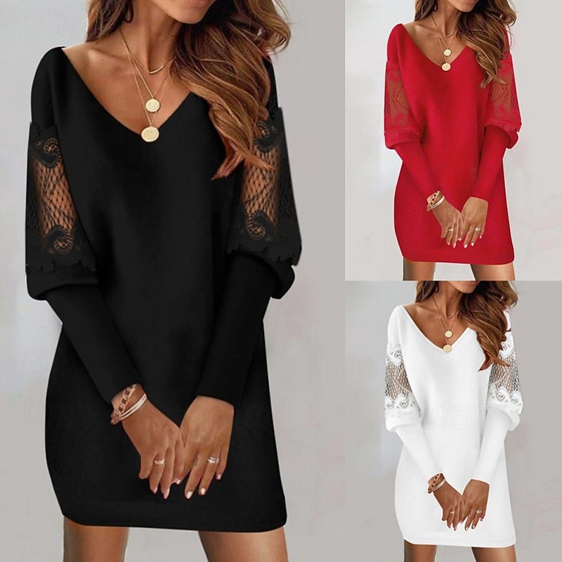 Mujer Mini vestido Vestido negro Vestido de encaje Moda Moderno Manga Farol Diario Oficina Vacaciones Ajuste regular Plano Manga Larga Escote en Pico Negro Blanco Rojo Primavera Otoño 2026 - $26.99 –P1